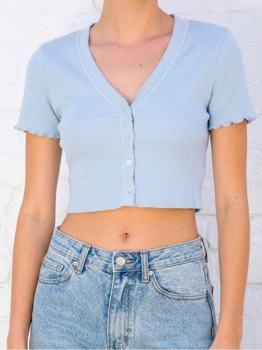 RARE Brandy Melville Paige Ruffle Cropped V-Neck Cardigan top Baby Blue cute xs